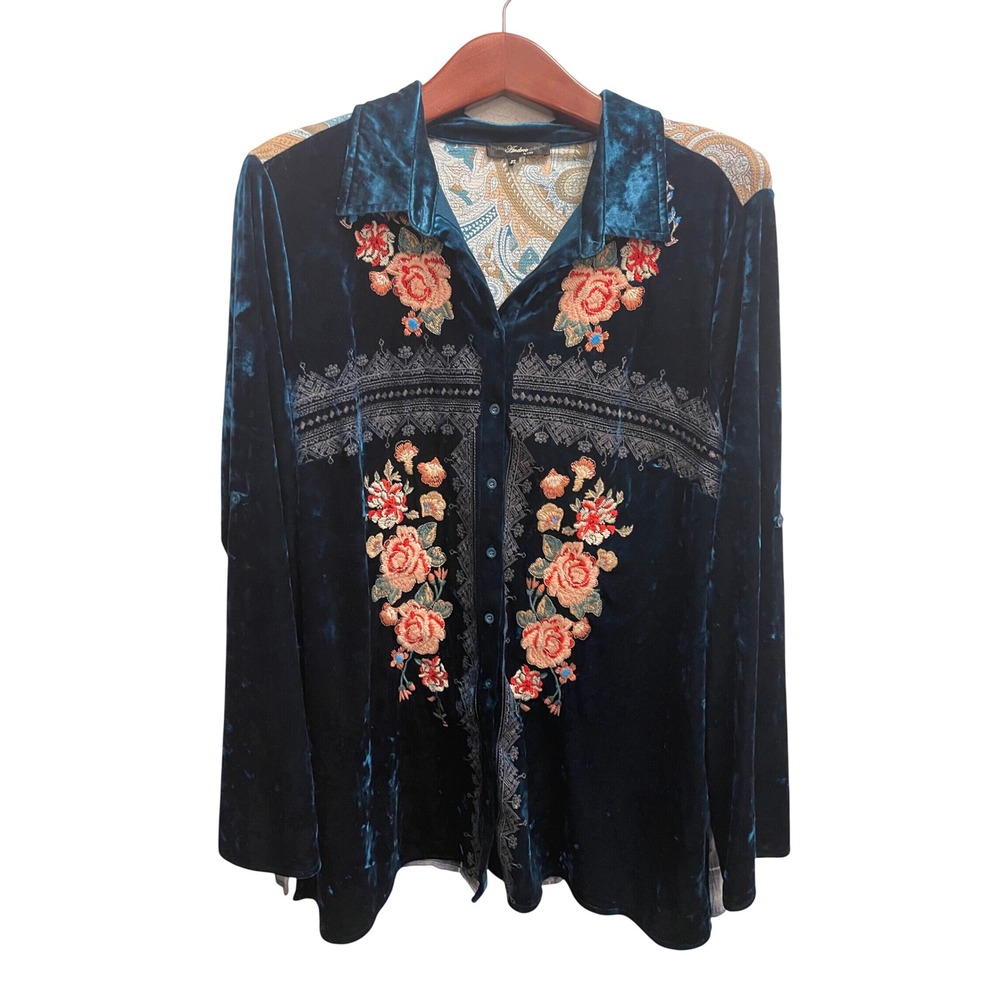 Andree By Unit Women 3X Teal Mixed Media Embroidered Plaid Festival Western Boho